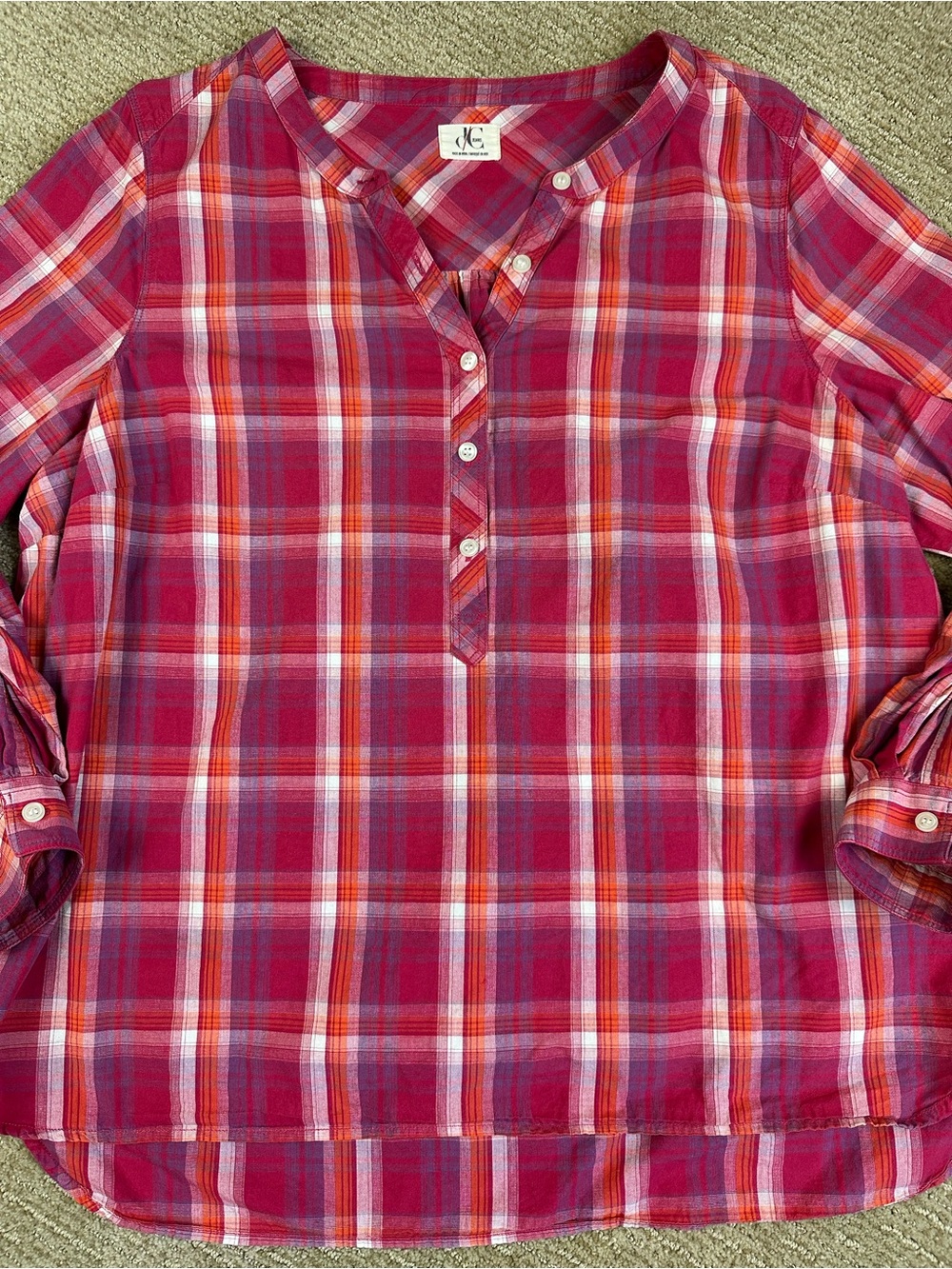 Pink Plaid Henley Blouse Cottagecore Grandma Boho Hiking Lightweight Summer X/XL